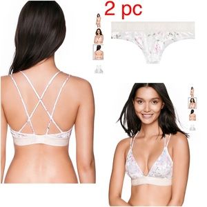 Victorias Secret Velvet Pink Floral Strappy Bralette and Panty Medium